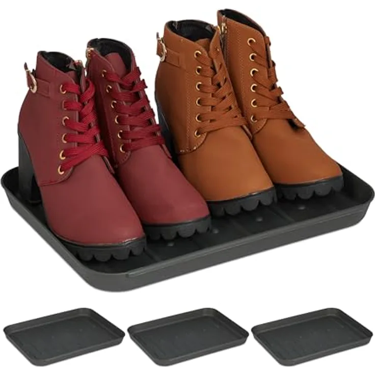 Relaxdays Schuhabtropfschale, 4er Set, Unterlage für nasse Schuhe, Kunststoff, schwarz, HBT: 3 x 27 x 35 cm
