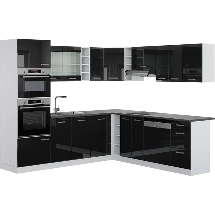 Eckküche R-Line Schwarz Hochglanz/Weiß 247 x 237 cm, AP Anthrazit Vicco – Bild 1