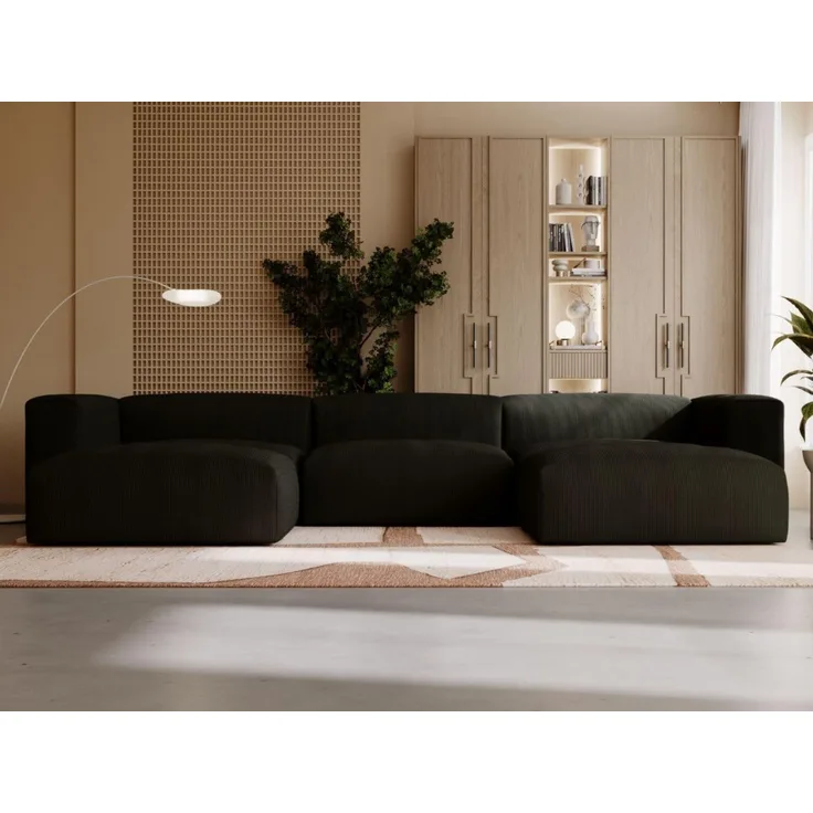 GrainGold Ecksofa U-Form LANDI - 340x180 cm, Schwarz, Universal, Wellenfedern, T25-Schaum