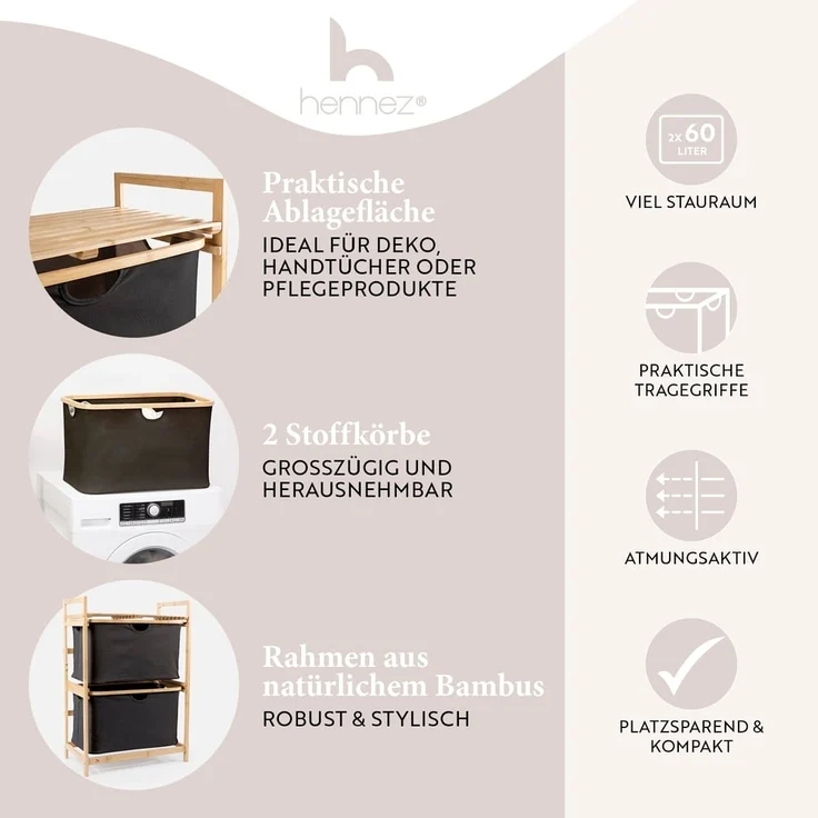 HENNEZ Badezimmerregal 2 Fächer | Bambusregal mit Ablage und 2 Körben | Badregal mit Schubladenboxen | Standregal – ideal als Kommode & Wäschesammler | Wäschesortierer mit Stoff Schubladen | Holzregal – Bild 3