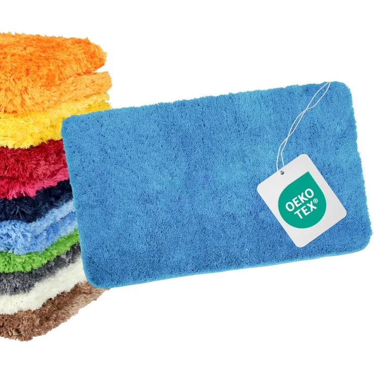 WohnDirect Badezimmerteppich 60x100 cm Hellblau – Badematte Flauschig & rutschfest, Saugstarker Badvorleger Mikrofaser, Waschbarer Läufer, für Fußbodenheizung geeignet