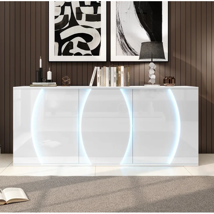 DESVIAE Sideboard mit 3 Türen und LED-Beleuchtung 150x70x40 cm Spanplatte Weiß – Bild 2