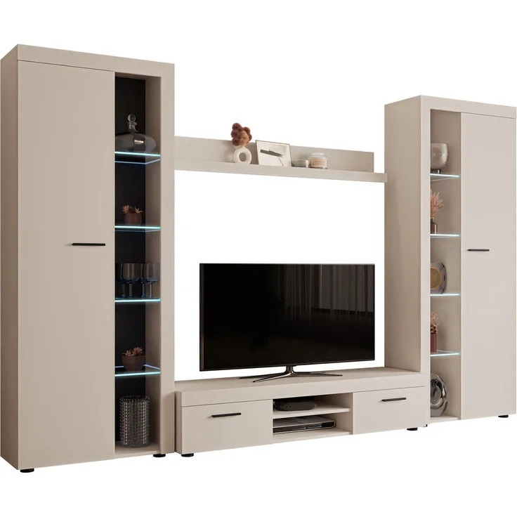 Wohnwand Rango XL (Farbe: Sandbeige, mit LED Beleuchtung)