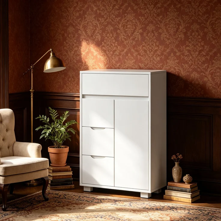 Halupeit Weißer Badezimmer-/Wohnzimmerschrank mit drei verstellbaren Einlegeböden, vier Schubladen und einer Tür, 30,5 x 55,5 x 82,5 cm – Bild 1
