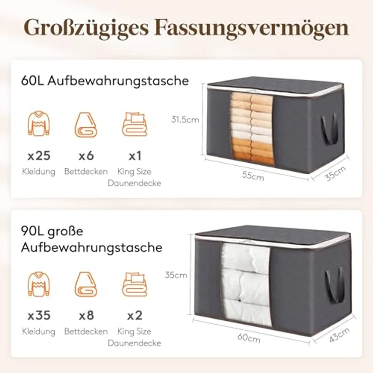 Lifewit 6 Stück Aufbewahrungstasche Groß, Bettdecken Aufbewahrungsbox mit Deckel, Verstärkt Griff Kleidung Aufbewahrung Storage Bag, Kleiderbox Umzugskartons für Klamotten, Kleider, Bettwäsche, Grau – Bild 3
