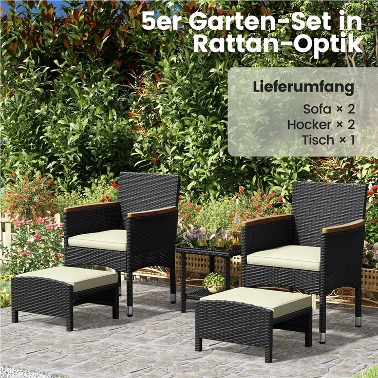 Yaheetech Gartenlounge-Set mit Sessel, Fußhocker & Kaffeetisch, Rattan-Optik, Schwarz & Beige – Bild 10