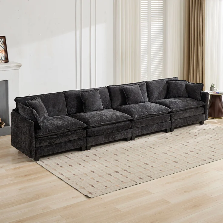 Cloud-Sofa 4 Sitzplätze (ohne Stuhlschläger),moderne Kombinationssofa für Wohnzimmer Schlafzimmer und Wohnung bequeme Doppel-Kissenkissen 80 % atmungsfreier Schneier Stoff,Schneier Stoff,schwarz, – Bild 4