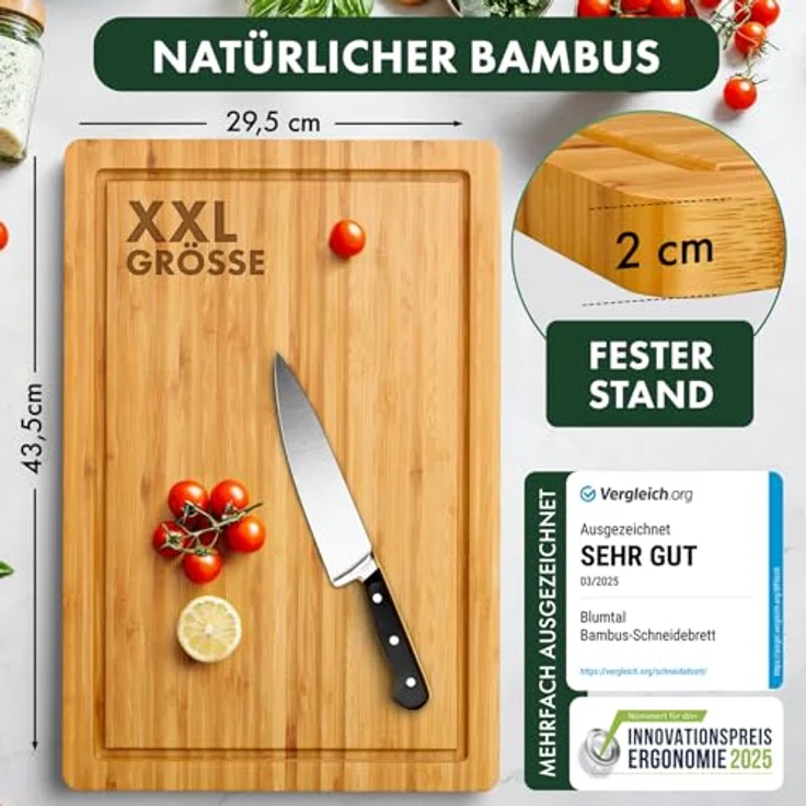 Blumtal Schneidebrett 100% Bambus antiseptisches, 2cm dickes massives Brett, Holz, Bambus, massiv mit praktischer Saftrille – Bild 3
