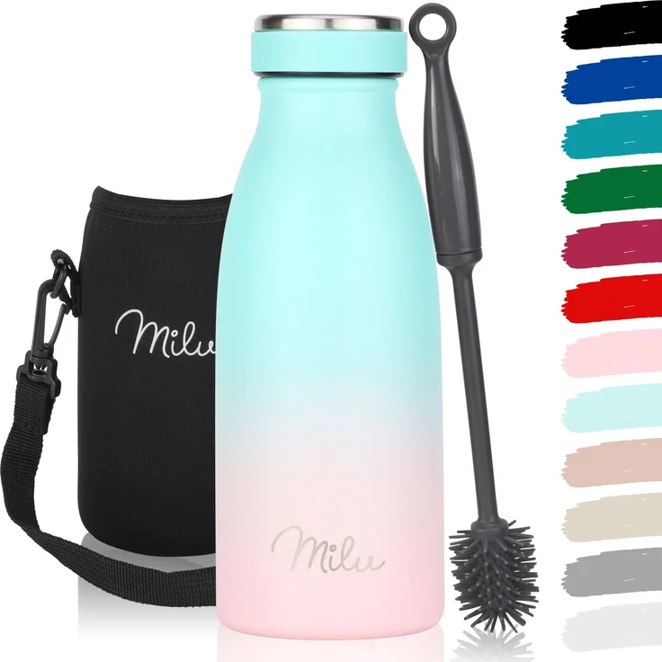 Milu Edelstahl Trinkflasche 350ml, 500ml, 750ml, 1L, 1,5L – Thermosflasche für Kinder Erwachsene auslaufsicher Isolierflasche Kohlensäure geeignet– inkl. Reinigungsbürste (Mint Pink, 350ml)