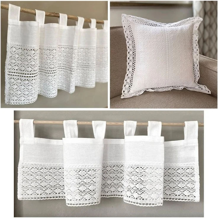 heimtexland Scheibengardine Deko Set Häkelspitze Gardine Kissen Tischdecke, Schlaufen (1 St), blickdicht, Boho Scheibengardine Makramee Spitze Häkel Bistrogardine – Bild 5