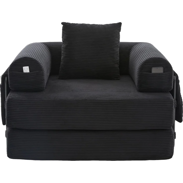LVHOM 3-in-1 Schlafsessel, Klappsofa mit Schlaffunktion, Einzelschlafsofa mit Seitentaschen und Kissen, Polstersofa aus Cordstoff, frei Kombination, Schwarz – Bild 2