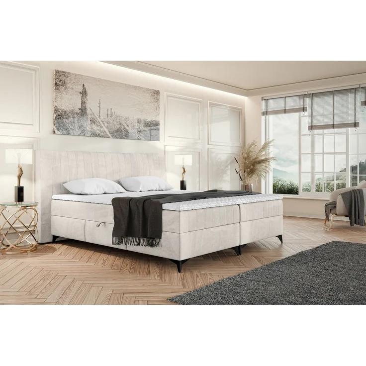 MEBLINI Boxspringbett NANI 140x200cm - H3P/Beige Samt - mit Bettkasten - Polsterbett - Doppelbett mit Topper & Taschenfederkern-Matratze – Bild 1