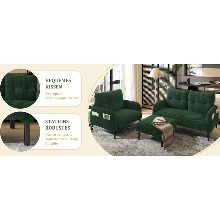 3-teilige Cord-Sitzgruppe aus 2-Sitzer-Sofa, Sessel und Hocker, gepolstertes Lounge-Set mit Seitentasche und Metall-Holz-Gestell, Smaragdgrün – Bild 5