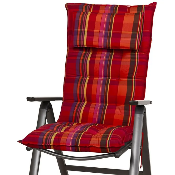 Sun Garden Hochlehnerauflage Hochlehner Sylt 10532-310 rot-orange kariert 118x49x8 cm Sun Garden, (1 St), Eckhaltebänder mit Bindebändern