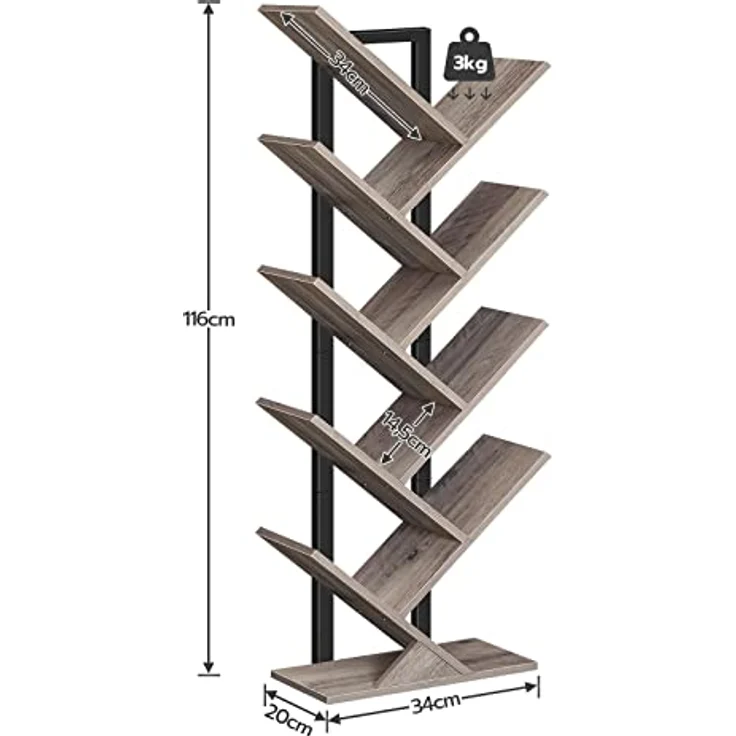 HOOBRO Bücherregal, Standregal mit 9 Ebenen, Holz DVD Regal, in Baumform, Metallgestell, für Wohnzimmer, Arbeitszimmer, Kinderzimmer, Greige EBG08SJ01G1 – Bild 4