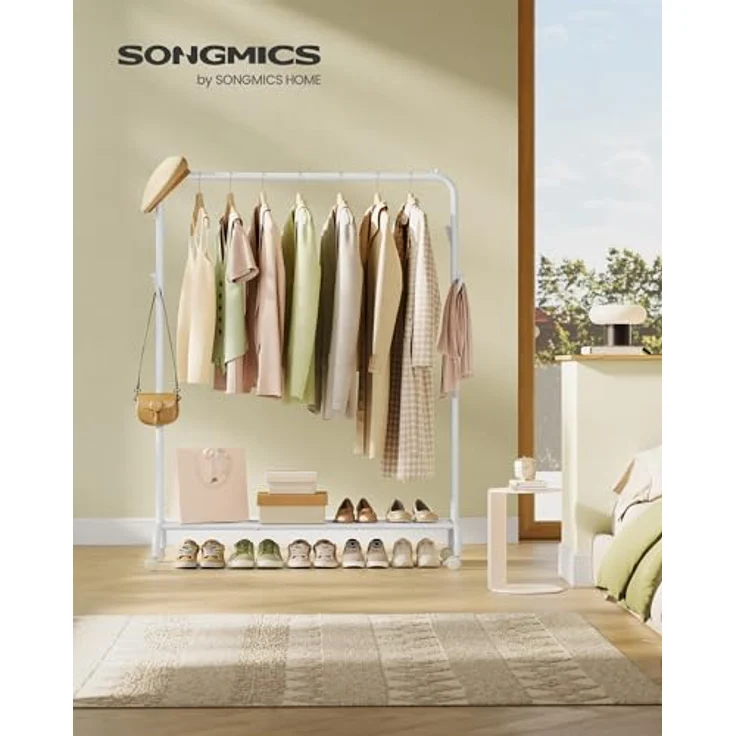 SONGMICS Kleiderständer auf Rollen, Kleiderstange, Garderobenstange, Garderobenständer aus Stahlrohren, bis 50 kg belastbar, 103,5 cm breit, multifunktionale Aufbewahrung, weiß HSR131W01 – Bild 3