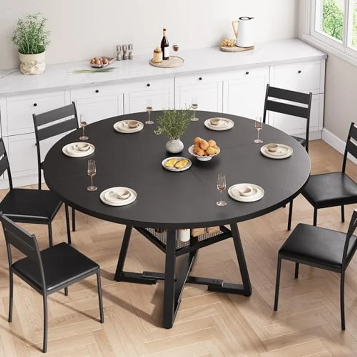 Jocoevol Esstisch Runder für 4-6 Personen, Esszimmertisch mit Ablage, platzsparender Küchentisch aus Holz im Industrial Design (Schwarz, 130x130x76cm) – Bild 4