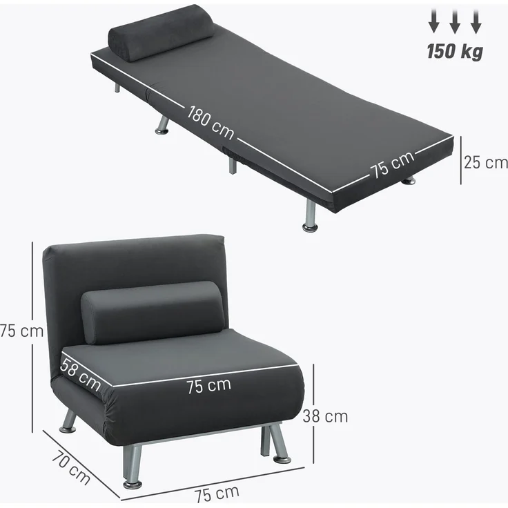 Klappsessel mit Bettfunktion, Klappbarer Relaxsessel in Samtoptik, verstellbare Rückenlehne, 75 x 70 x 75 cm, Dunkelgrau--Dunkelgrau--75x70x75cm--YOUDENOVA – Bild 5
