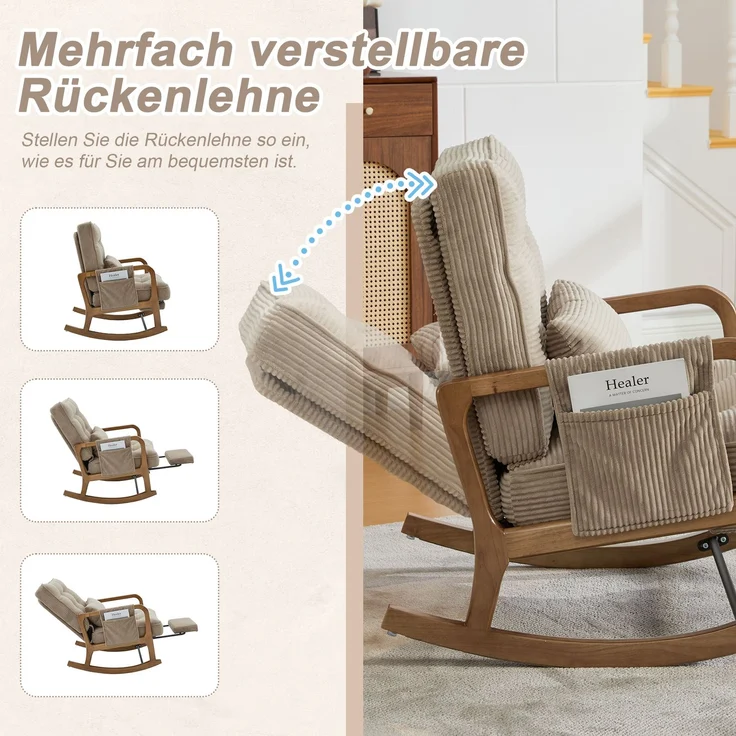 LVHOM Schaukelstuhl mit ausziehbarer Fußstütze, Relaxsessel mit verstellbare Rückenlehne, Loungesessel mit Seitentasche, bis 150 kg belastbar, Khaki – Bild 4