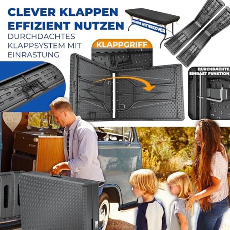 KESSER® Bierzeltgarnitur 3-teilig Set Tisch & 2x Bank | Buffettisch für drinnen & draußen Gartengarnitur klappbar 183x76x74cm Kunststoff Klapptisch Gartentisch inkl. Abdeckung & Tragegriffe Anthrazit, Rattan – Bild 7