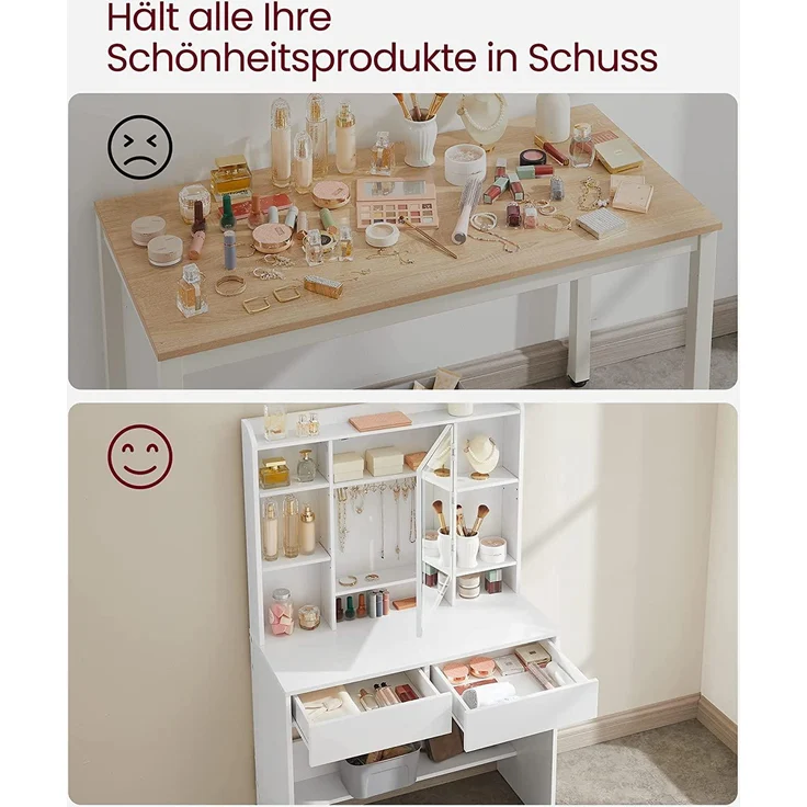 VASAGLE Schminktisch mit LED-Beleuchtung, 3 Farben mit Einstellbarer Helligkeit, Frisiertisch mit Spiegel für Make-up, Kosmetiktisch mit verstellbaren Ablagen, 2 Schubladen, modern, weiß – Bild 5