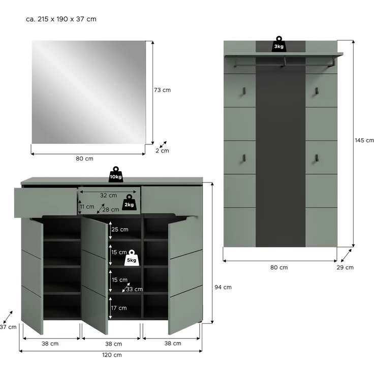 Garderobenkombination (B/H/T: 215x190x37 cm) in Smoke Green Nachbildung – Bild 4