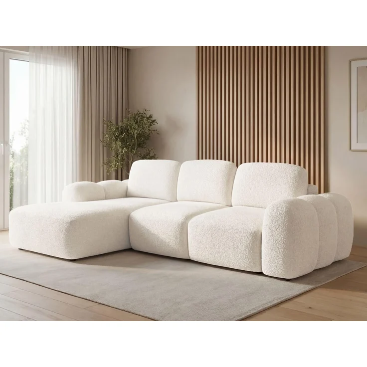 GRAINGOLD Ecksofa Avelin, Eckcouch für Wohnzimmer, L-Form mit Schlaffunktion und Bettkasten, Bouclé-Stoff, Creme, Links – Bild 4