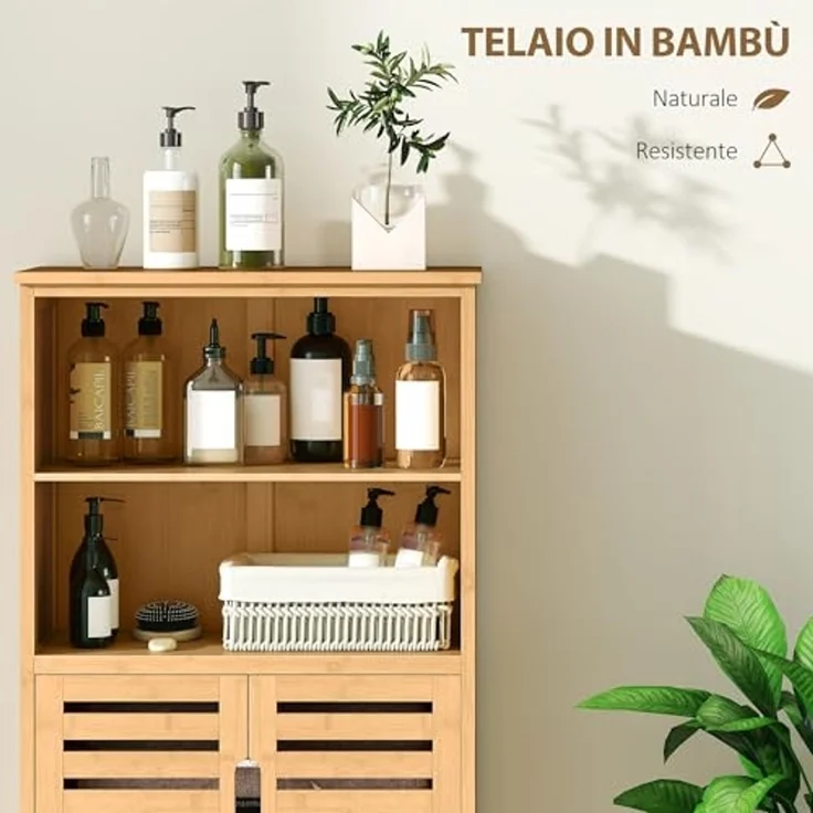 Kleankin Badkommode Unterschrank aus Bambus Lamellentüren (Badschrank, 1 St, Badezimmerschrank), Naturholz, 50 x 29 x 92 cm – Bild 5