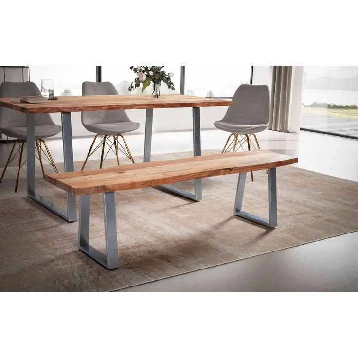 FineBuy Esszimmerbank Akazie Massivholz / Metall mit Baumkante, Esstischbank Holzbank Massiv ohne Lehne, Küchenbank Chrom Essbank Modern, Sitzbank Esszimmer Braun, 46 x 40 x 140 cm – Bild 2