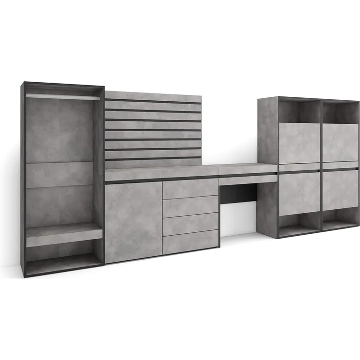 Skraut Home | Schuhregal, Schuhschrank | Schuhaufbewahrung | 357 x 145 x 35 | Für Schlafzimmer | Offener Kleiderschrank | Kommode mit Schubladen | Lamellenwand Holz | Schminktisch | Moderner Stil | Zement