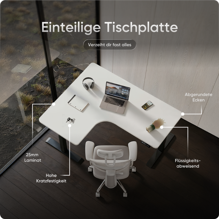 DESKSPACE CORNER Schreibtisch, Elektrisch höhenverstellbar, 160 x 130 x 70 cm, Weiße Tischplatte, Schwarzes Gestell – Bild 8