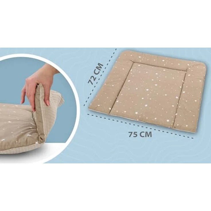 Wickelauflage Wickelunterlage aus Baumwolle 75x72 cm - Weich und waschbar Wickelunterlage für Babys Wickelmatte aus Stoff für Wickeltisch Wickelkommode oder Waschmaschine 75x72 Beige mit Weiß Sternen – Bild 4