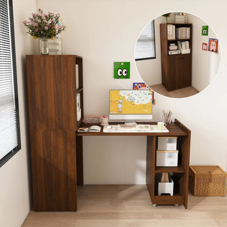 Schreibtisch mit ausziehbarer Tischplatte und Stauraumschrank in Nussbaum,136x126x55 cm