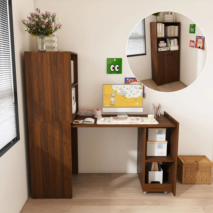 Schreibtisch mit ausziehbarer Tischplatte und Stauraumschrank in Nussbaum,136x126x55 cm – Bild 1