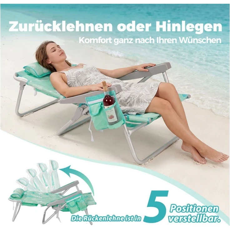 HOMECALL Klappstuhl Strandstuhl Leicht Klappbar Camping, 5-fach verstellbare Rückenlehne (Bis150KG Aluminiumrahmen, groBe Kuhitasche und Aufbewahrungstasche, 2 St), Seitentaschen, Kopfstütze, Schultergurten, Handtuchhalter – Bild 3