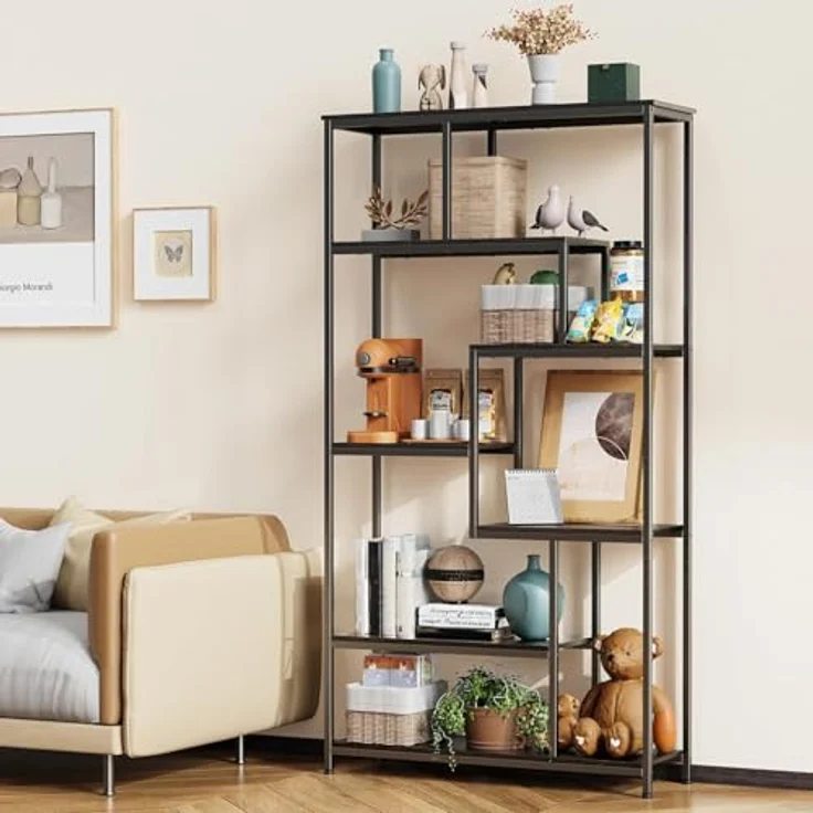 Bealife Offene Bücherregale Bodenstehende Bücherregale Regal Stahlrahmen, Küchenregal Aufbewahrungsmöbel schwarzes Wohnzimmermit 5 Ablagen Aufbewahrungsschrank – Bild 2