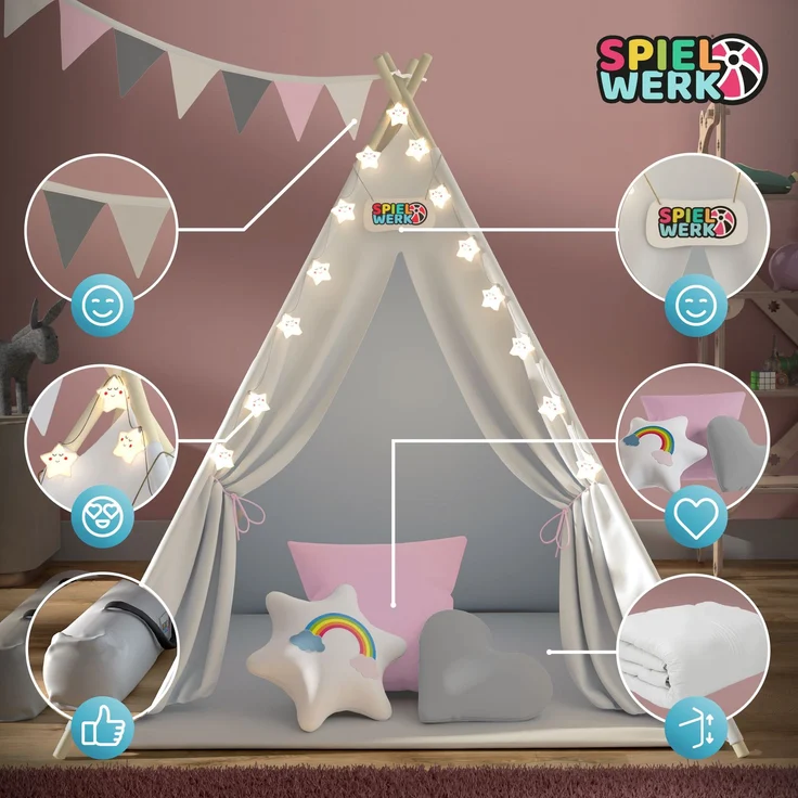 Spielwerk Kindertipi mit Lichterkette, Bodenmatte & Kissen, Baumwolle beige, 120 x 120 x 160 cm – Bild 2