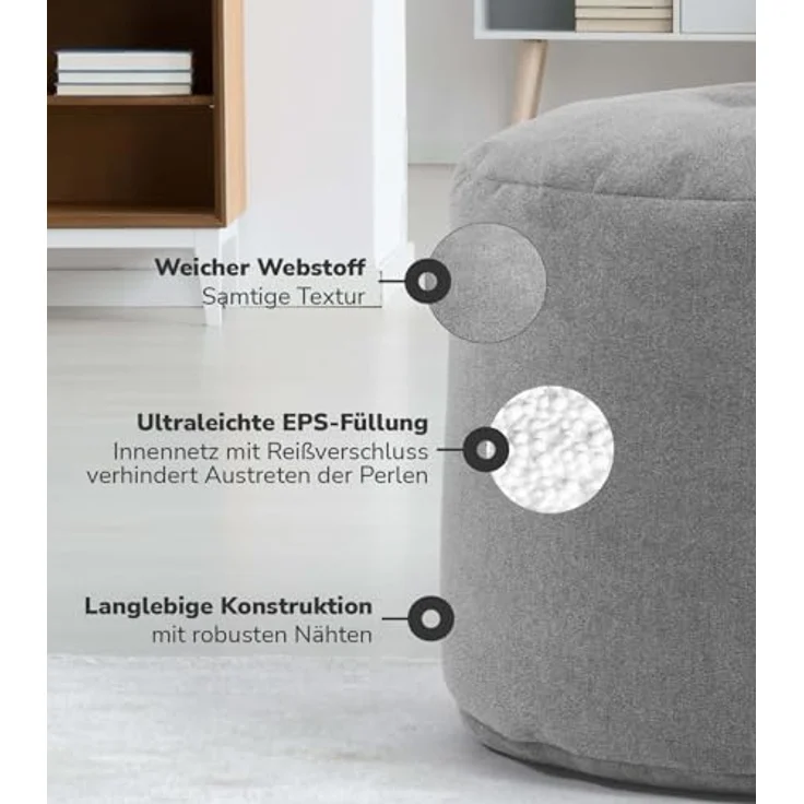 mokebo Pouf Der Ruhepouf (rund und aus Webstoff), Sitz-Hocker, Bodenkissen, Fußhocker, Hocker, Sitzkissen in Grau – Bild 5