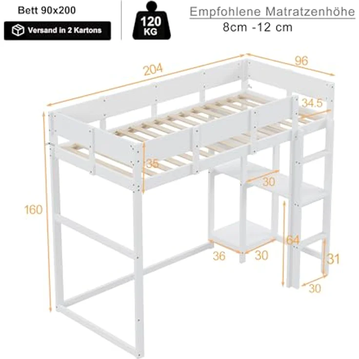 Ball & Cast Loft Bed (90x200 cm) mit Lagerregal, Holzerner Bettgestell mit Leiter und Geländer, Einfach und Zeitsparend Montierbar, Stabil & Rauschlos, Weiß – Bild 2