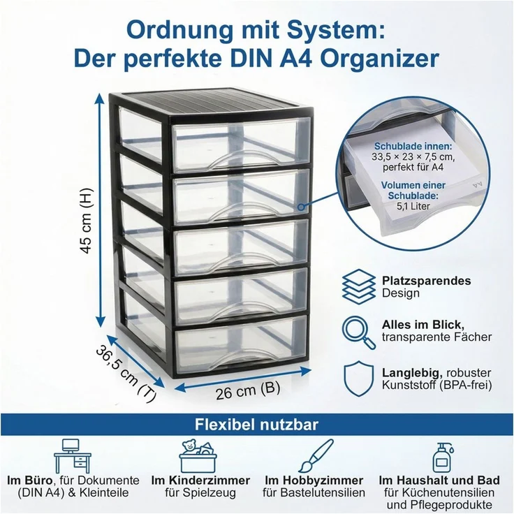 Hausfelder Schubladenbox Schubladenschrank A4 mit 5 Schubladen, Schreibtisch Ordnungssystem, (1-St, A4 mit 5 Schubladen), leicht zu reinigen, BPA-freier Kunststoff, verschiedene Größen – Bild 1