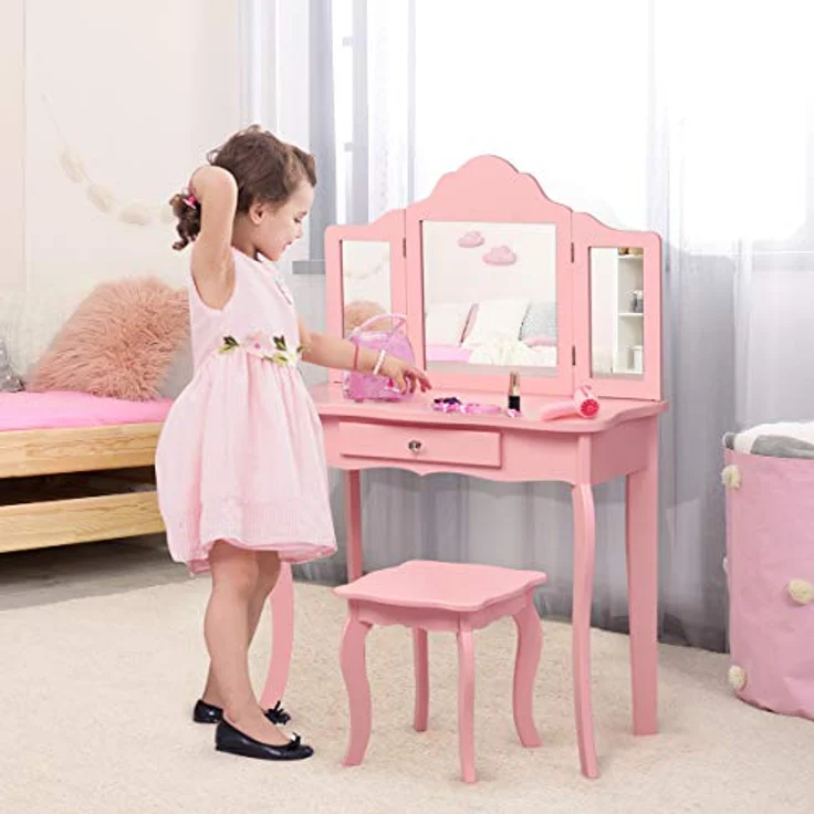COSTWAY 2 in 1 Kinder Schminktisch mit Hocker, Frisiertisch mit 3-Fach abnehmbarem Spiegel & Schublade, Kosmetiktisch Mädchen Holz, 70 x 34 x 103 cm (Rosa) – Bild 9