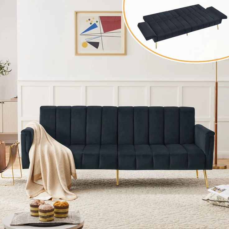 Schlafsofa 183 x 76 x 75 cm, 5-fach verstellbare Rückenlehne & Armlehnen, Samtstoff, multifunktionales Sofa mit Metallfüßen, bequemes Gästebett,Schwarz – Bild 1