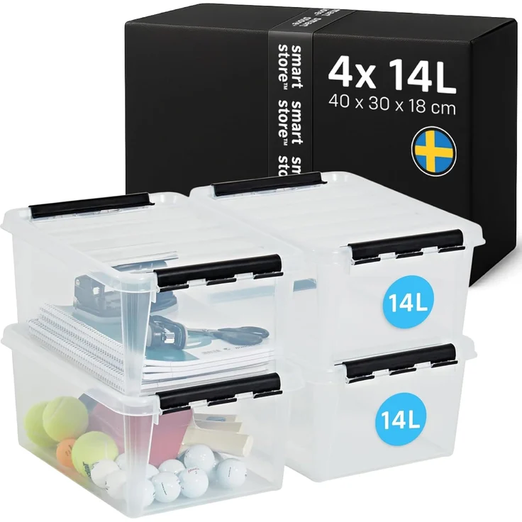 SmartStore - 4x Aufbewahrungsbox mit Deckel Classic 14L (40 x 30 x 18 cm) | Stapelbare Box mit Deckel | Lebensmittelechte Kunststoffbox | Plastikbox mit Deckel & verstärkten Ecken | 10 Jahre Garantie