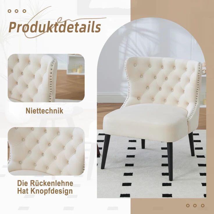 LVHOM Polsterstuhl aus Samt, Esszimmerstühle mit Knopfheftung, ohne Armlehnen, Massivholz Beine, Für Wohnzimmer, Büro & Schlafzimmer, Beige – Bild 3