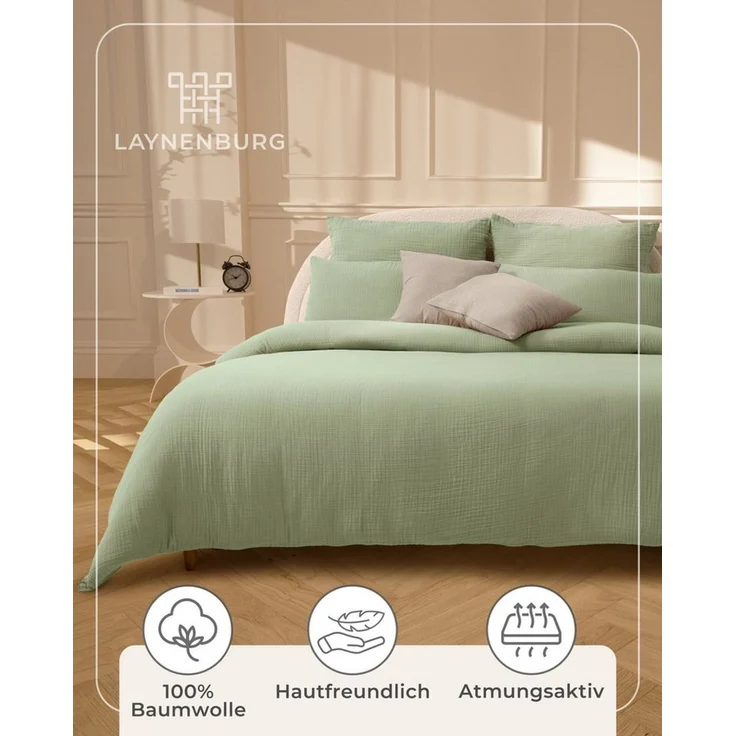 Laynenburg Bettwäsche Musselin aus 100% Baumwolle in 135x200 oder 155x220 cm, atmungsaktiv & bügelfrei – 2 lagig mit Reißverschluss & Haltebändern – Bild 4