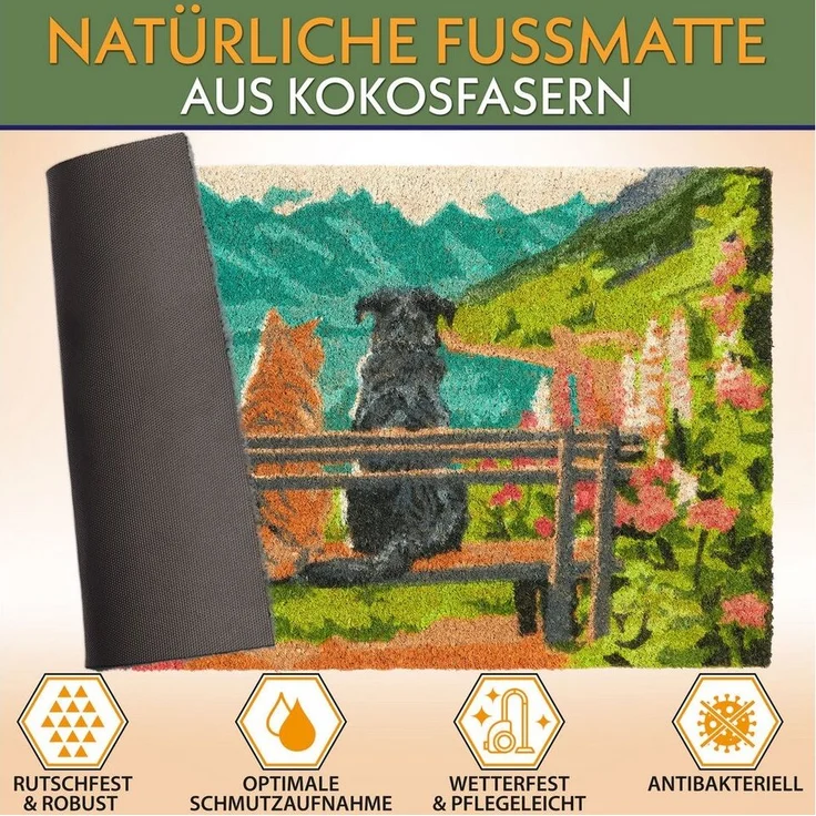 BRUBAKER Fußmatte Hund und Katze auf Bank vor Bergsee mit Blumen - Schmutzfangmatte, Rechteckig, Höhe: 15 mm, Fußmatte für Außen und Innen - Wetterfest und Rutschfest - 45x75 cm – Bild 2