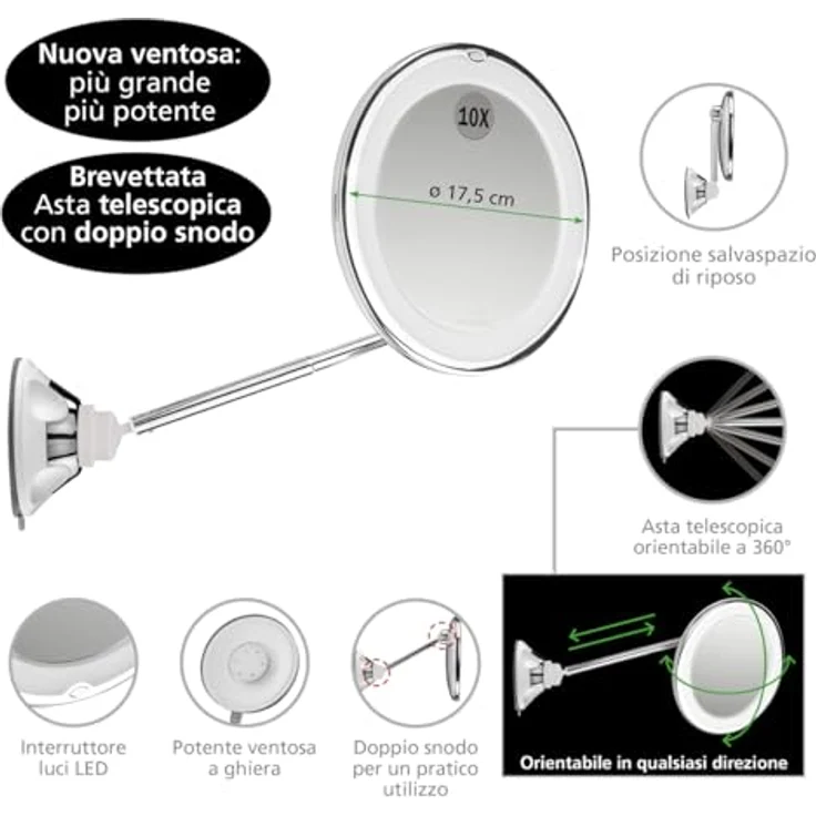 Macom Sensation 229 Perfect Mirror, Kosmetikspiegel mit 10-facher Vergrößerung, Teleskopstange und Doppelgelenk, platzsparend, 24 LED-Lichter, selbstklebender Saugnapf – Bild 2