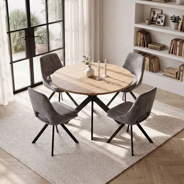 Jiexi Essgruppe Runder Esstisch 110cm MDF Set mit 4 Flanell Stühlen Kreuzgestell – Bild 2