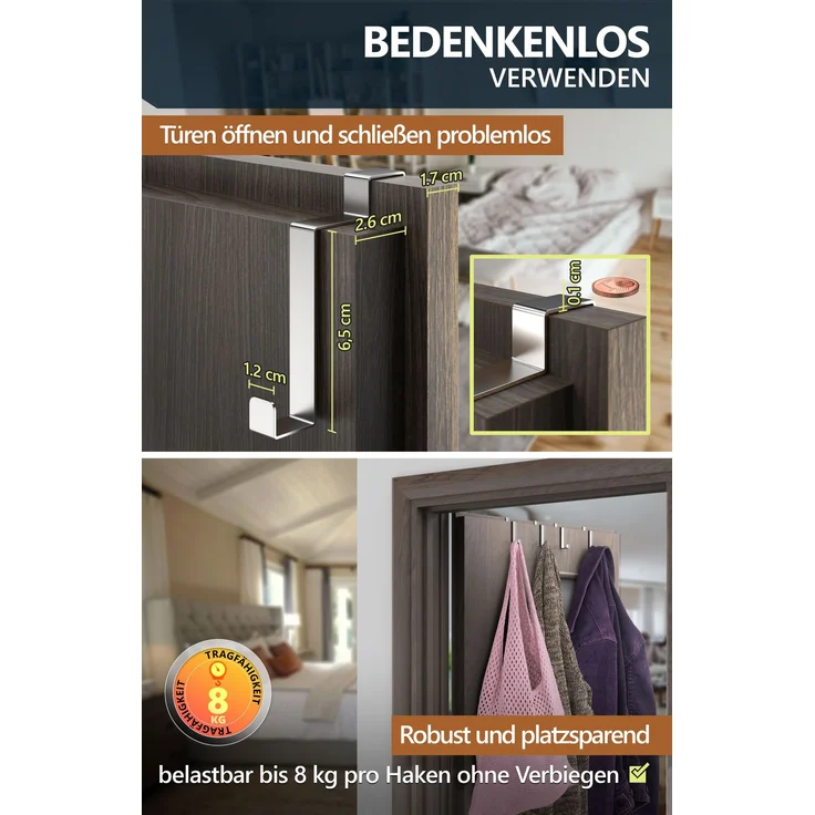 Aurelia Home flache Türhaken für Falztüren innen, 10er-Set, Edelstahl – bis 8 kg – Bild 4