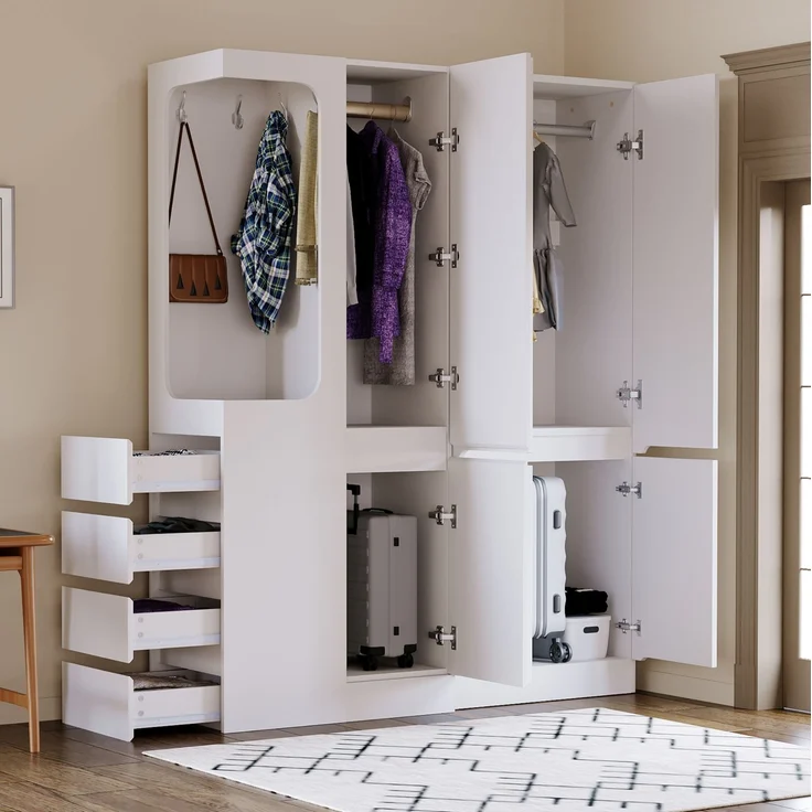 CHICFURN Kleiderschrank aus Holz, Weiß, 140x170x40 cm, mit 4 Schubladen und offenem Hängebereich – Bild 2